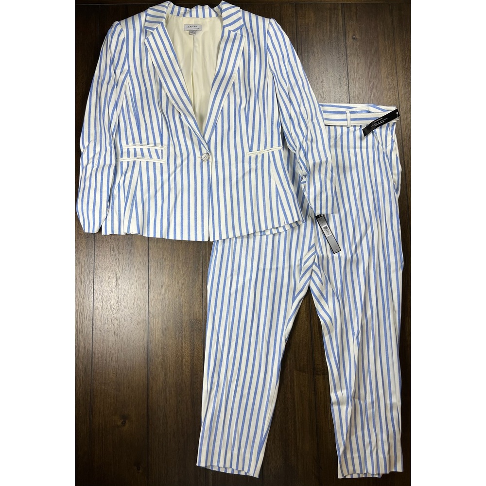 Tahari Arthur S. Levine Blue Ivory Striped Linen Blend Pant Suit Set 16 18 NEW